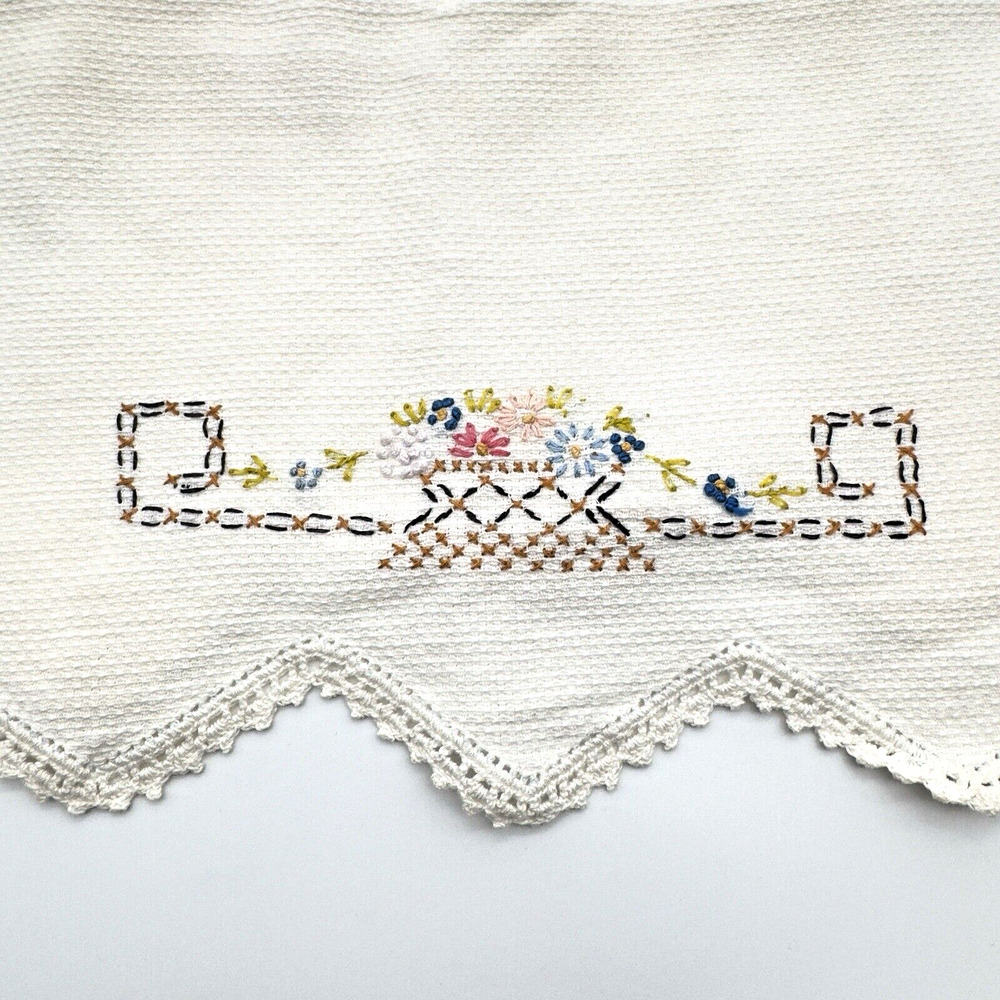 Vintage Table Runner Dresser Scarf Embroidered Flowers Crochet Country 27x17"
